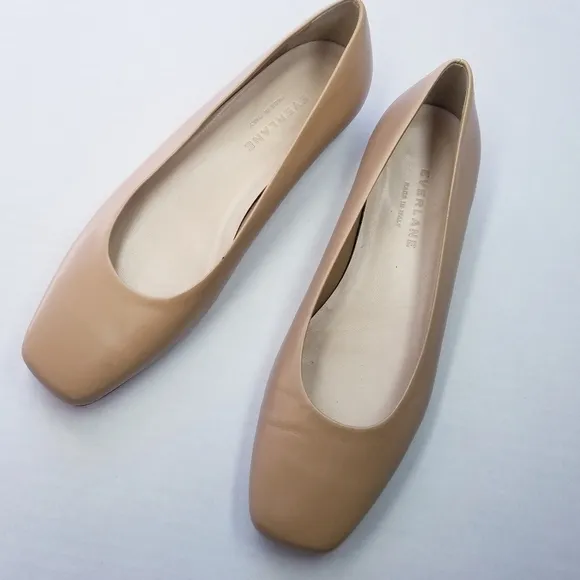 🌸 Everlane | Square Toe Leather Flat Shoes, 6.5, tan