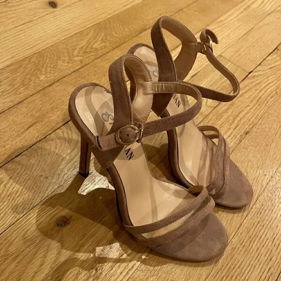 🤎 Suede tan high hill sandals with golden buckle  - size 5