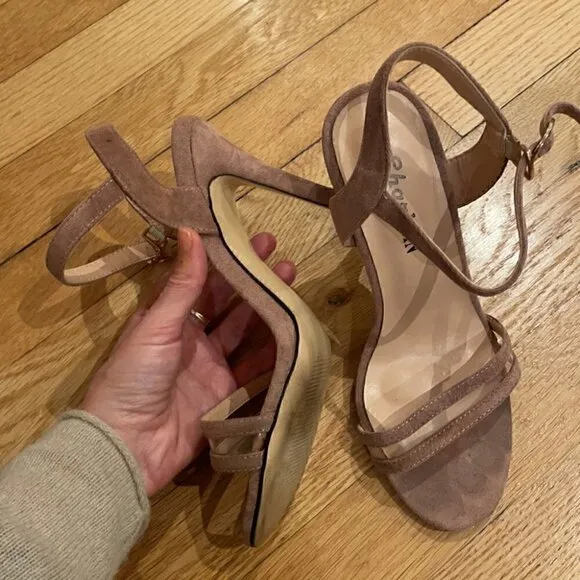 🤎 Suede tan high hill sandals with golden buckle  - size 5