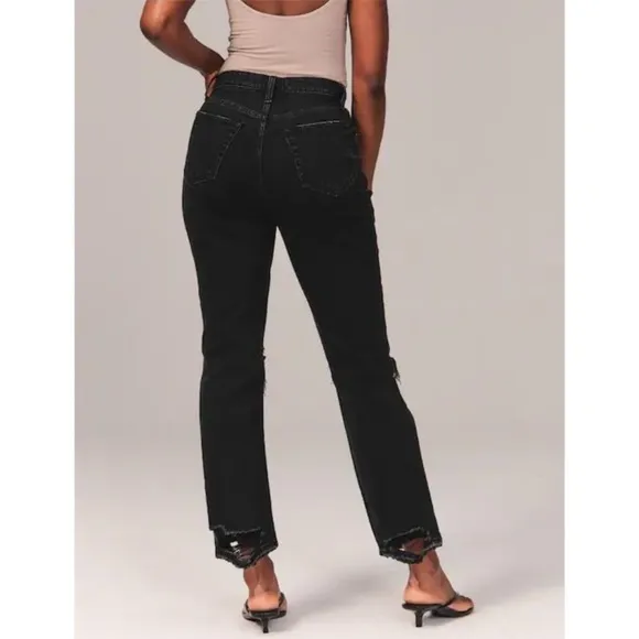 Abercrombie &amp; Fitch Ultra High Rise Ankle Straight Jean in Black Destroy