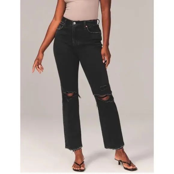 Abercrombie &amp; Fitch Ultra High Rise Ankle Straight Jean in Black Destroy