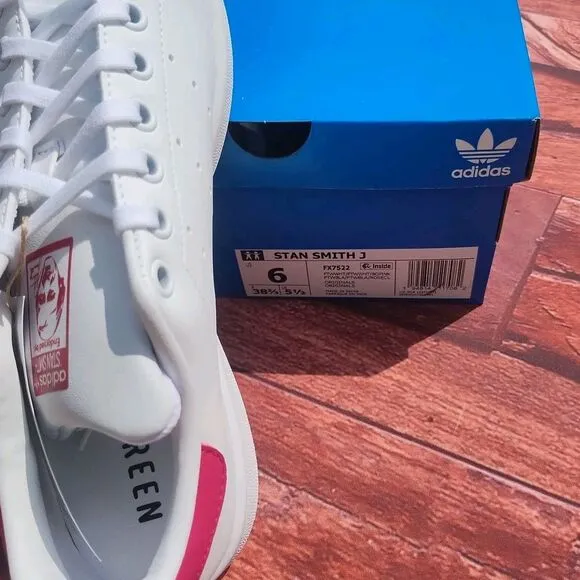 Adidas Originals Stan Smith J FTW White/Pink Big Kids Tennis Shoes Size 6