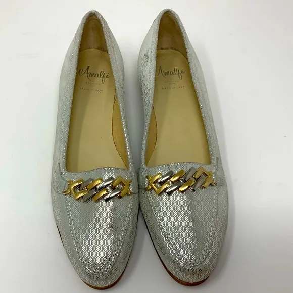 Amalfi by Rangoni Oste Flat Silver &amp; Gold Loafer - made in Italy - 7 1/2 NARROW
