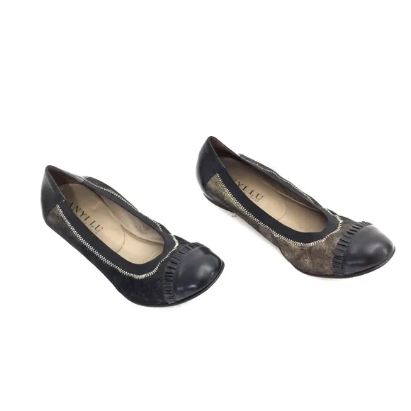 Anyi Lu Bronze &amp; Black Leather Cap Toe Ballet Flat