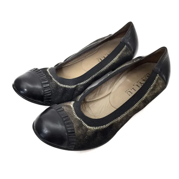 Anyi Lu Bronze &amp; Black Leather Cap Toe Ballet Flat