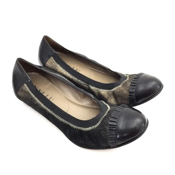 Anyi Lu Bronze &amp; Black Leather Cap Toe Ballet Flat