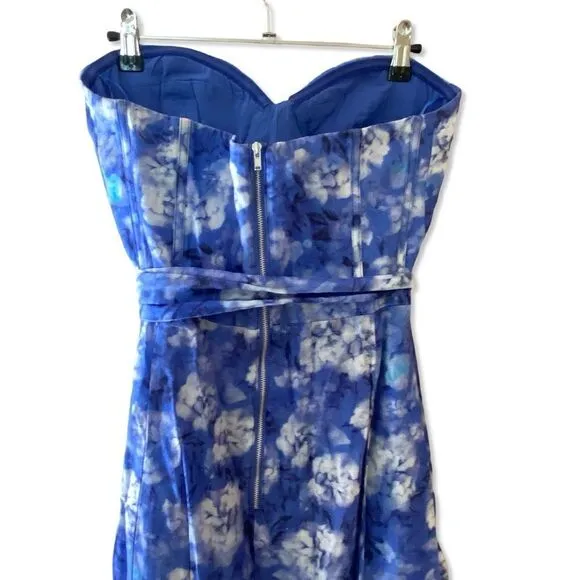 Bardot Vibrant Floral Midi Dress Blue Corset Bustier Sundress Sz XL