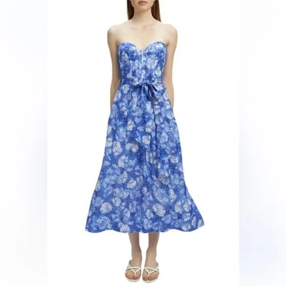 Bardot Vibrant Floral Midi Dress Blue Corset Bustier Sundress Sz XL