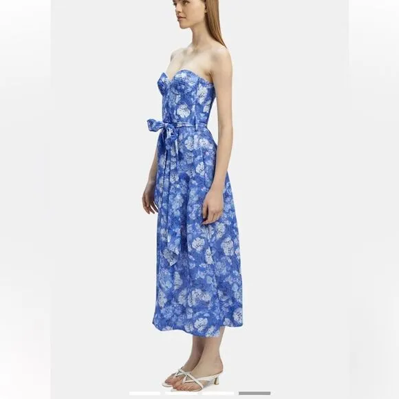 Bardot Vibrant Floral Midi Dress Blue Corset Bustier Sundress Sz XL