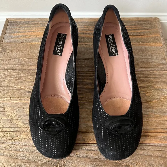 BeautiFeel Dona Pump Black Trateggio Suede 41 Floral Rosette Comfort Low Heel