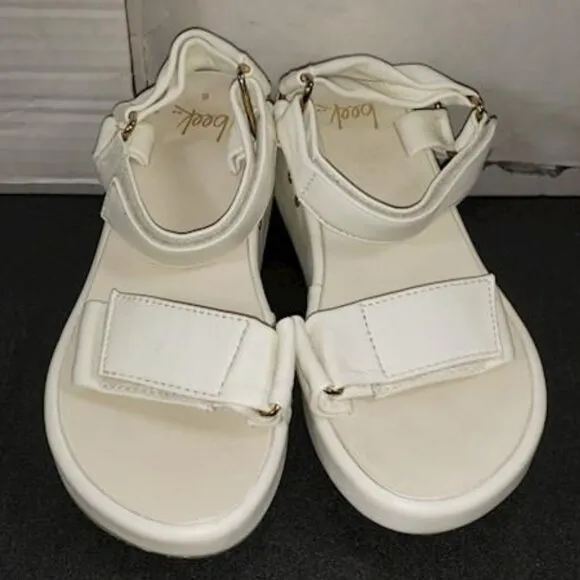 Beek Roo Handmade Leather Platform Sandals White Strappy Wedge Women's 6 NWOT