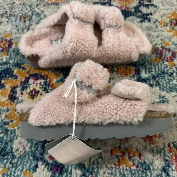 Birkenstock Papillio Big Buckle Teddy Crystal Rose Sherpa Platform Sandal 37 NWT