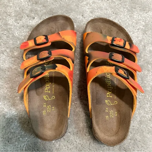 Birkenstock Papillio Florida Leather Sandals Orange Floral Design Size 35 K3-3.5