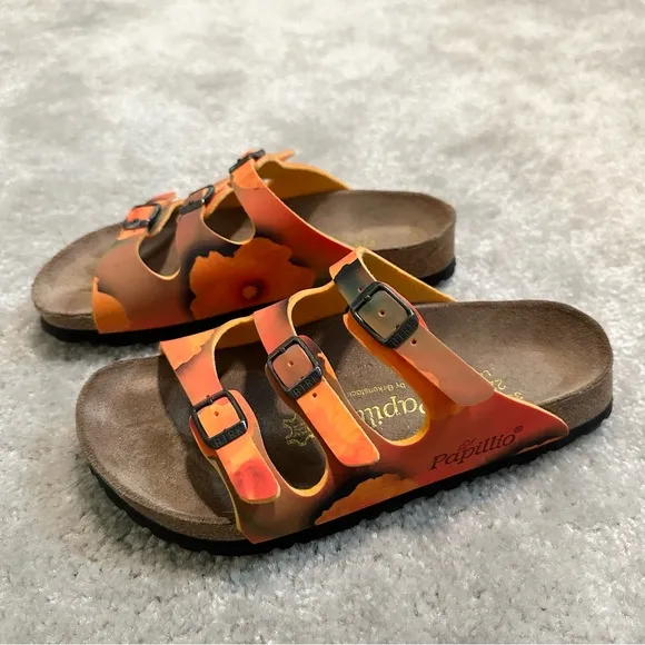 Birkenstock Papillio Florida Leather Sandals Orange Floral Design Size 35 K3-3.5
