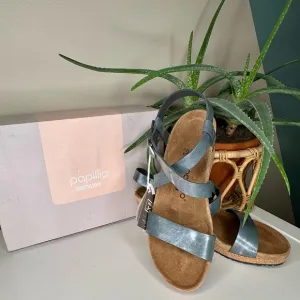 Birkenstock Papillio Sibyl Ring Buckle Metallic Black Leather Wedge Sandals 11