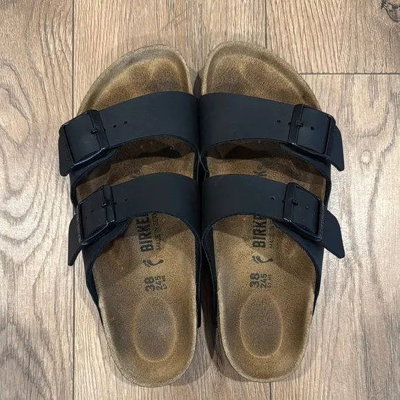 Birkenstock Women’s Arizona Birko-floor Black Sandals 2 Straps Size 38 US 7-7.5