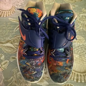 Blue and Orange High-Top Sneakers with Artistic Design and Ankle Support