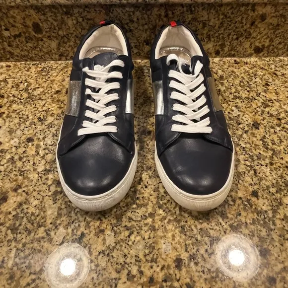 Boden Navy Blue LeatherCasual Lace-Up Sneakers Silver Stripe 41 US 9.5