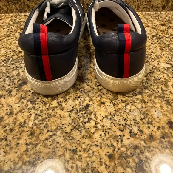 Boden Navy Blue LeatherCasual Lace-Up Sneakers Silver Stripe 41 US 9.5