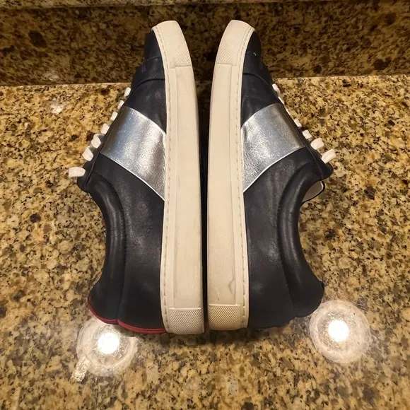 Boden Navy Blue LeatherCasual Lace-Up Sneakers Silver Stripe 41 US 9.5