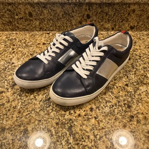 Boden Navy Blue LeatherCasual Lace-Up Sneakers Silver Stripe 41 US 9.5