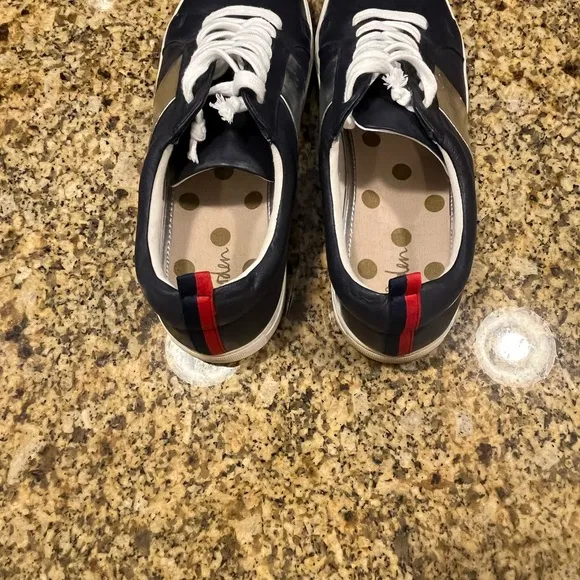 Boden Navy Blue LeatherCasual Lace-Up Sneakers Silver Stripe 41 US 9.5