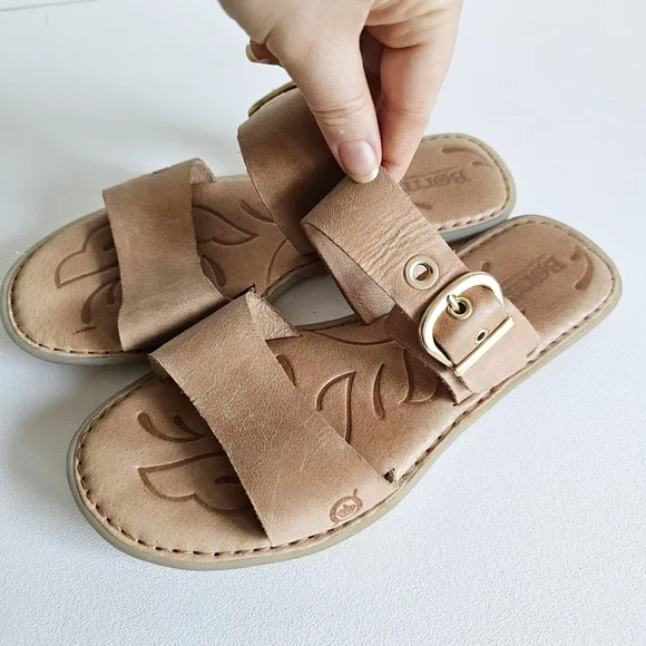 Born Womens Flat Slide Sandals Size 9M Leather Double Strap Golden Buckle