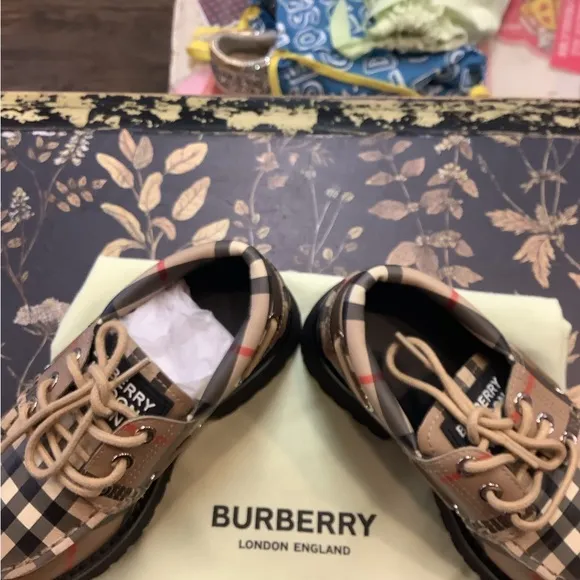 Burberry Childrens Plaid Leather Shoes - Tan and Black