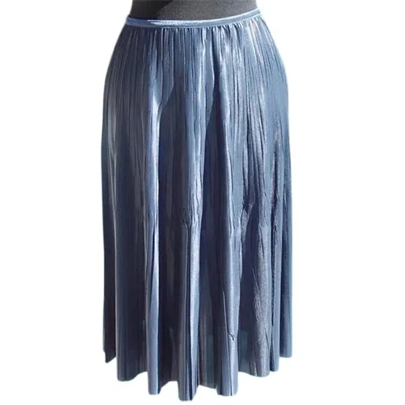 Cache Silver Gray Metallic Luxe Pleated Stretch Waist Soft Skirt NWT $178 New