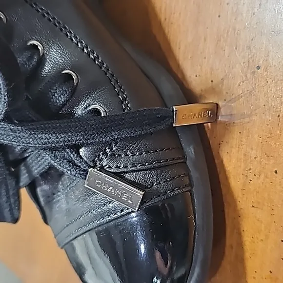 CHANEL Black Lambskin Cap Toe Sneakers sz 35.5