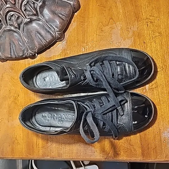 CHANEL Black Lambskin Cap Toe Sneakers sz 35.5