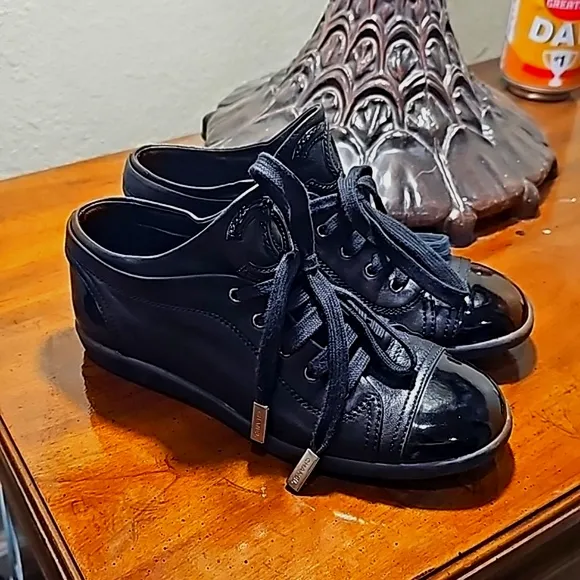 CHANEL Black Lambskin Cap Toe Sneakers sz 35.5