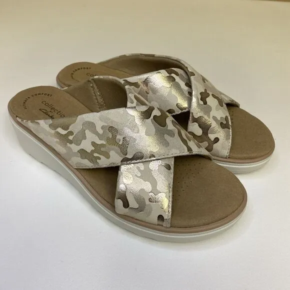 Clarks Collection Jillian Wedge Slides Criss Cross Sandals Tan Gold Camo Size 6