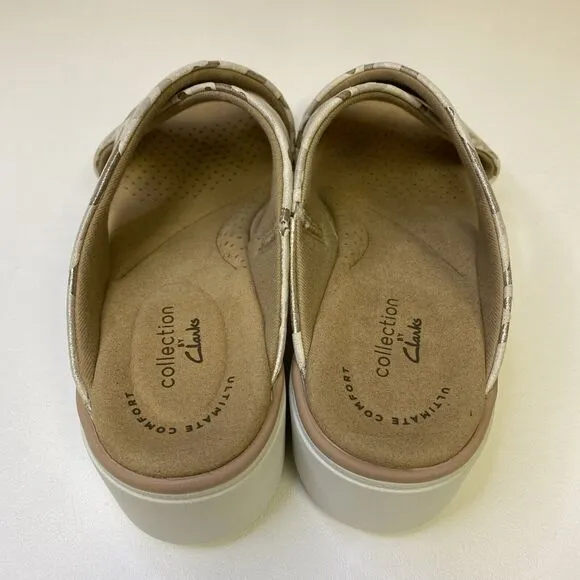 Clarks Collection Jillian Wedge Slides Criss Cross Sandals Tan Gold Camo Size 6
