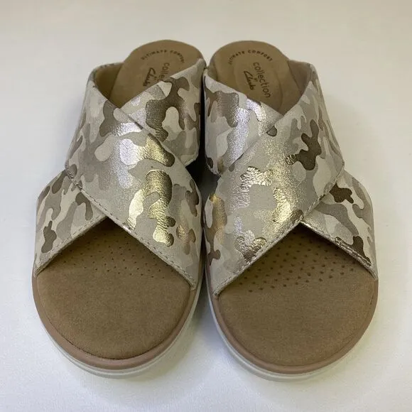 Clarks Collection Jillian Wedge Slides Criss Cross Sandals Tan Gold Camo Size 6
