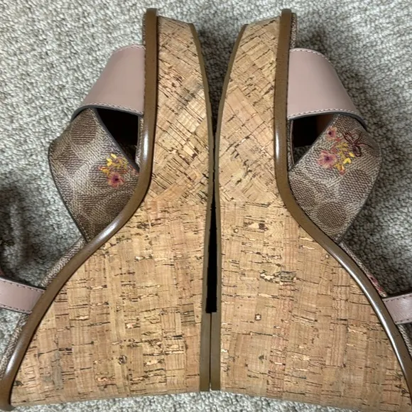 COACH CROSS BAND FLORAL PLATFORM WEDGE SANDALS **NWOT**