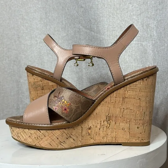 COACH CROSS BAND FLORAL PLATFORM WEDGE SANDALS **NWOT**