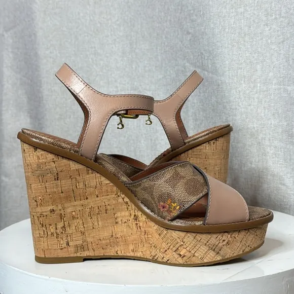 COACH CROSS BAND FLORAL PLATFORM WEDGE SANDALS **NWOT**