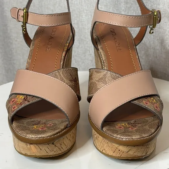 COACH CROSS BAND FLORAL PLATFORM WEDGE SANDALS **NWOT**