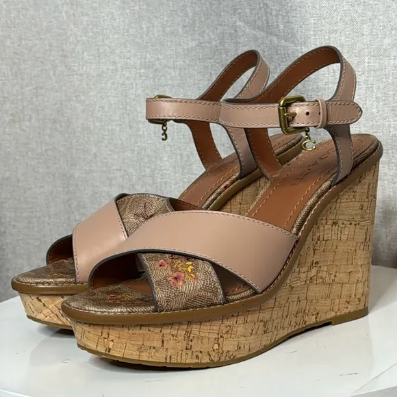 COACH CROSS BAND FLORAL PLATFORM WEDGE SANDALS **NWOT**