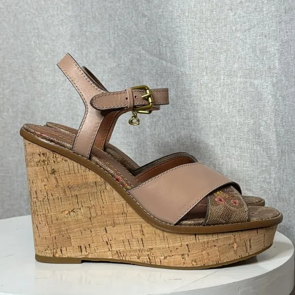 COACH CROSS BAND FLORAL PLATFORM WEDGE SANDALS **NWOT**
