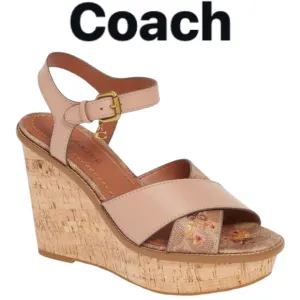 COACH CROSS BAND FLORAL PLATFORM WEDGE SANDALS **NWOT**