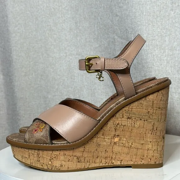 COACH CROSS BAND FLORAL PLATFORM WEDGE SANDALS **NWOT**