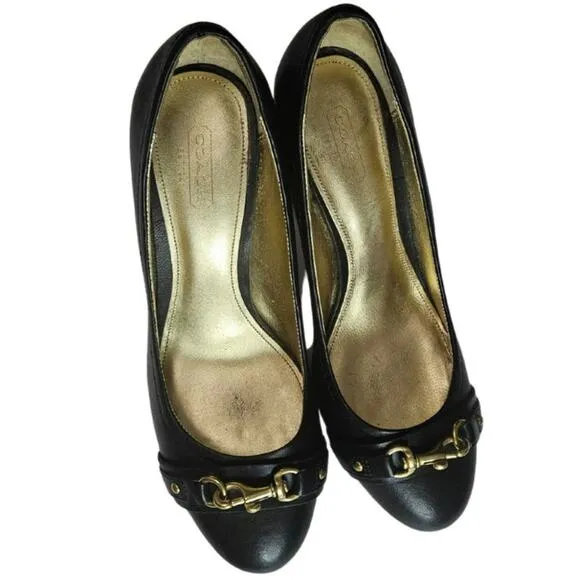 Coach Desaree Dogleash Black Leather Platforms Heels Shoes Women's Size 8.5 B