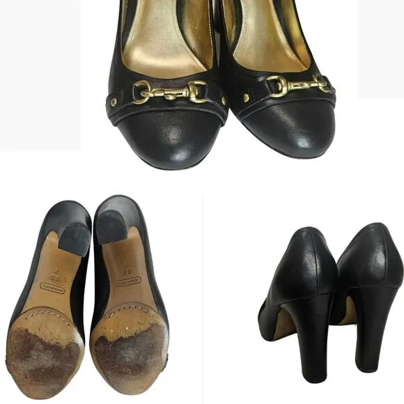 Coach Desaree Dogleash Black Leather Platforms Heels Shoes Women's Size 8.5 B