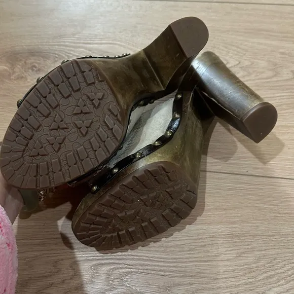 COACH Esa Chelsea Brown Gold Suede wood Patchwork Coachella lug sole Slide Heel