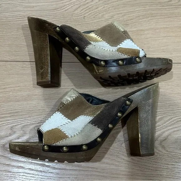 COACH Esa Chelsea Brown Gold Suede wood Patchwork Coachella lug sole Slide Heel