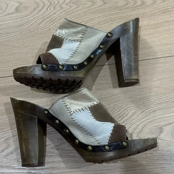 COACH Esa Chelsea Brown Gold Suede wood Patchwork Coachella lug sole Slide Heel