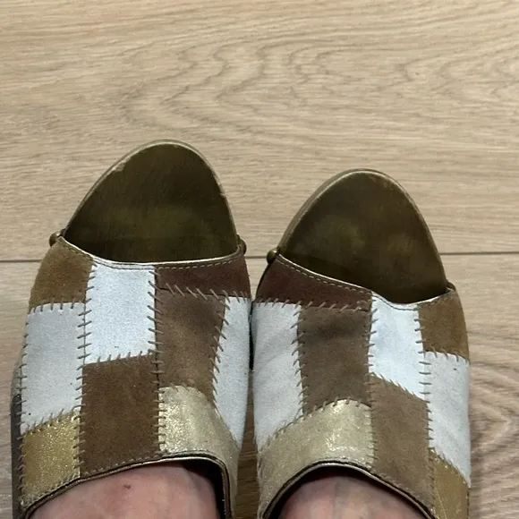 COACH Esa Chelsea Brown Gold Suede wood Patchwork Coachella lug sole Slide Heel