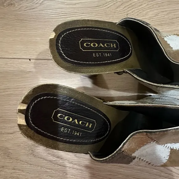 COACH Esa Chelsea Brown Gold Suede wood Patchwork Coachella lug sole Slide Heel